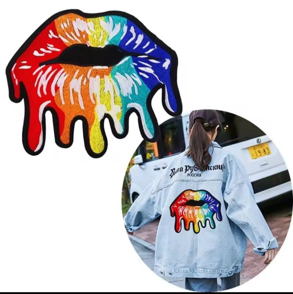 Large Drippy Rainbow Lip Applique Iron On 12" x 10"